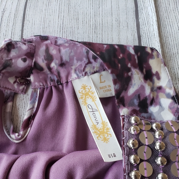 Multi colored purple lined baby doll blouse  with silver sequined neckline sz Lg - Picture 6 of 8